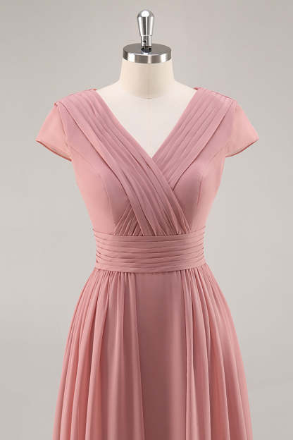 A Line Dusty Rose Chiffon Maxi Bridesmaid Dress with Sleeves
