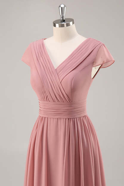 A Line Dusty Rose Chiffon Maxi Bridesmaid Dress with Sleeves