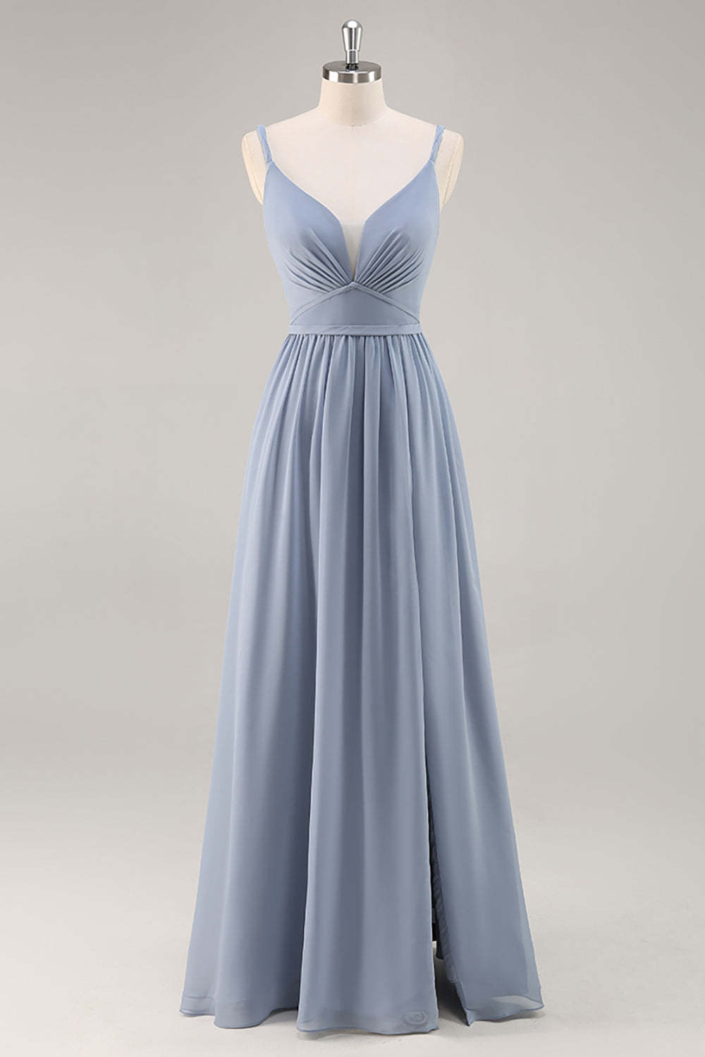 Leely Women Dusty Blue Chiffon Maxi Bridesmaid Dress with Slit Ruched A Line Spaghetti Straps Wedding Guest Dress