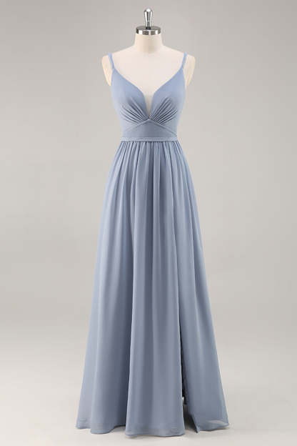 Leely Women Dusty Blue Chiffon Maxi Bridesmaid Dress with Slit Ruched A Line Spaghetti Straps Wedding Guest Dress
