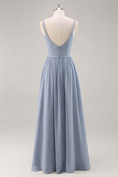 Chiffon Dusty Blue Ruched Spaghetti Straps Maxi Bridesmaid Dress with Slit