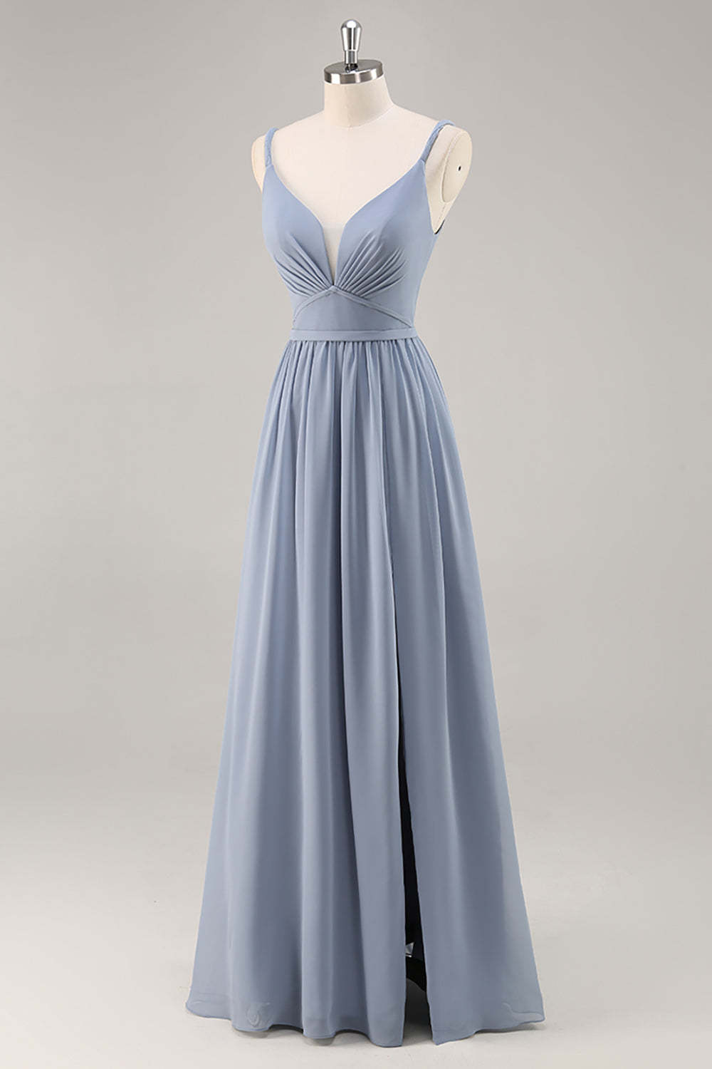 Chiffon Dusty Blue Ruched Spaghetti Straps Maxi Bridesmaid Dress with Slit