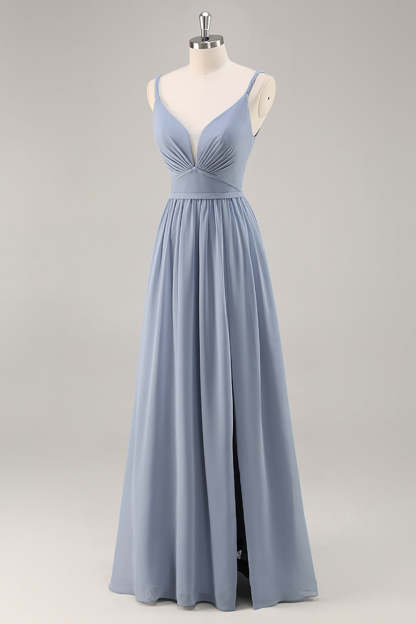 Chiffon Dusty Blue Ruched Spaghetti Straps Maxi Bridesmaid Dress with Slit