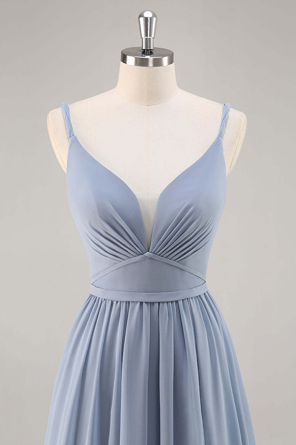 Chiffon Dusty Blue Ruched Spaghetti Straps Maxi Bridesmaid Dress with Slit