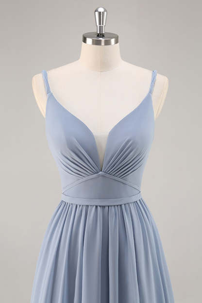 Chiffon Dusty Blue Ruched Spaghetti Straps Maxi Bridesmaid Dress with Slit