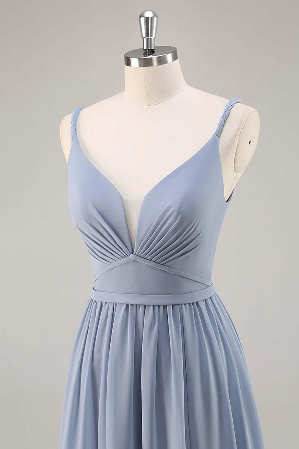 Chiffon Dusty Blue Ruched Spaghetti Straps Maxi Bridesmaid Dress with Slit