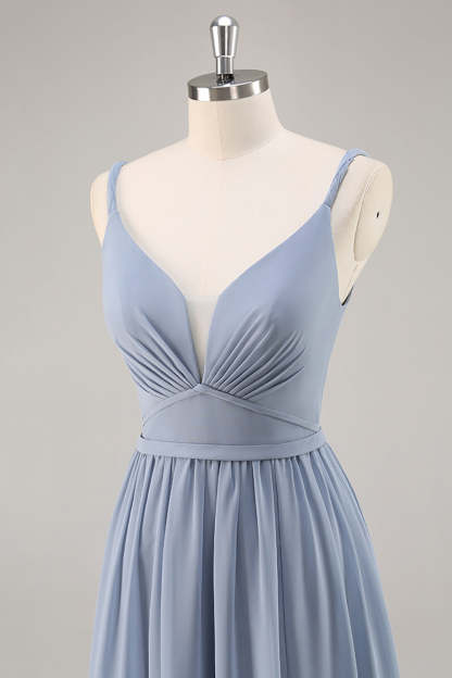 Chiffon Dusty Blue Ruched Spaghetti Straps Maxi Bridesmaid Dress with Slit