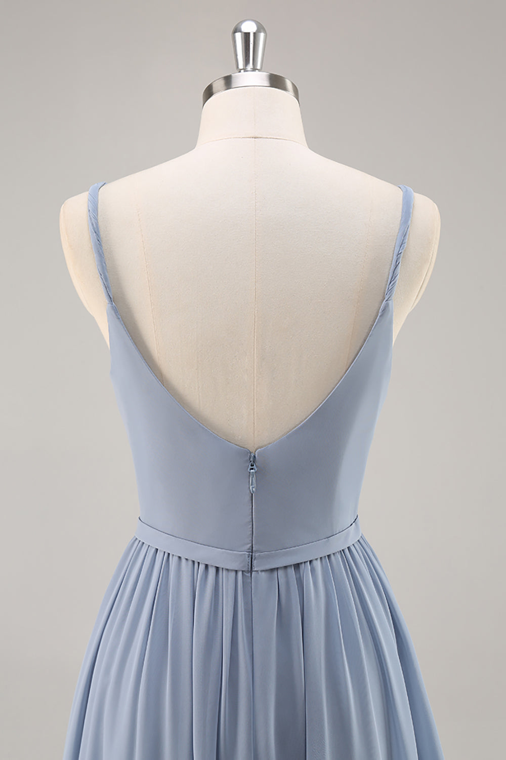 Chiffon Dusty Blue Ruched Spaghetti Straps Maxi Bridesmaid Dress with Slit