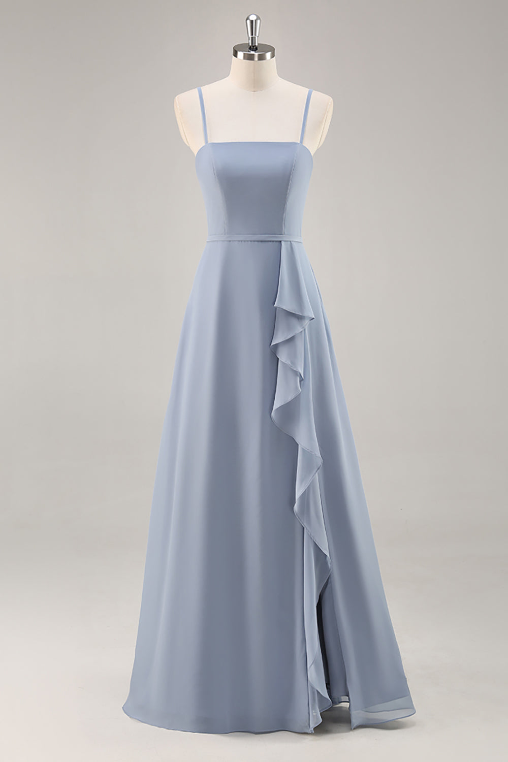 Leely Women Dusty Blue Ruffled Chiffon Maxi Bridesmaid Dress with Slit A Line Spaghetti Straps Wedding Guest Dress