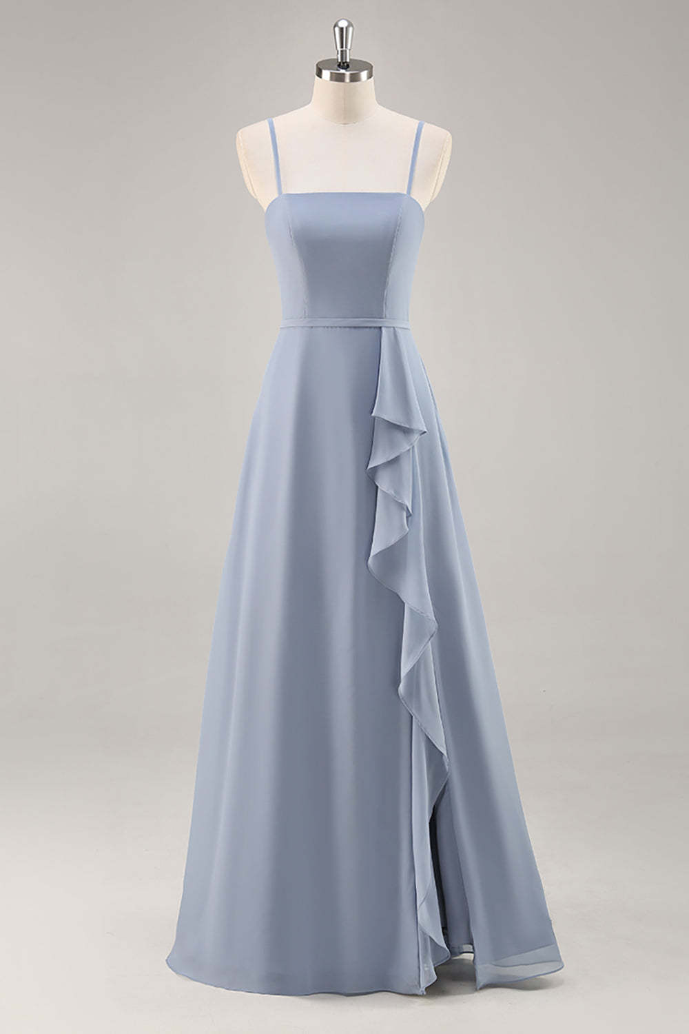 Leely Women Dusty Blue Ruffled Chiffon Maxi Bridesmaid Dress with Slit A Line Spaghetti Straps Wedding Guest Dress