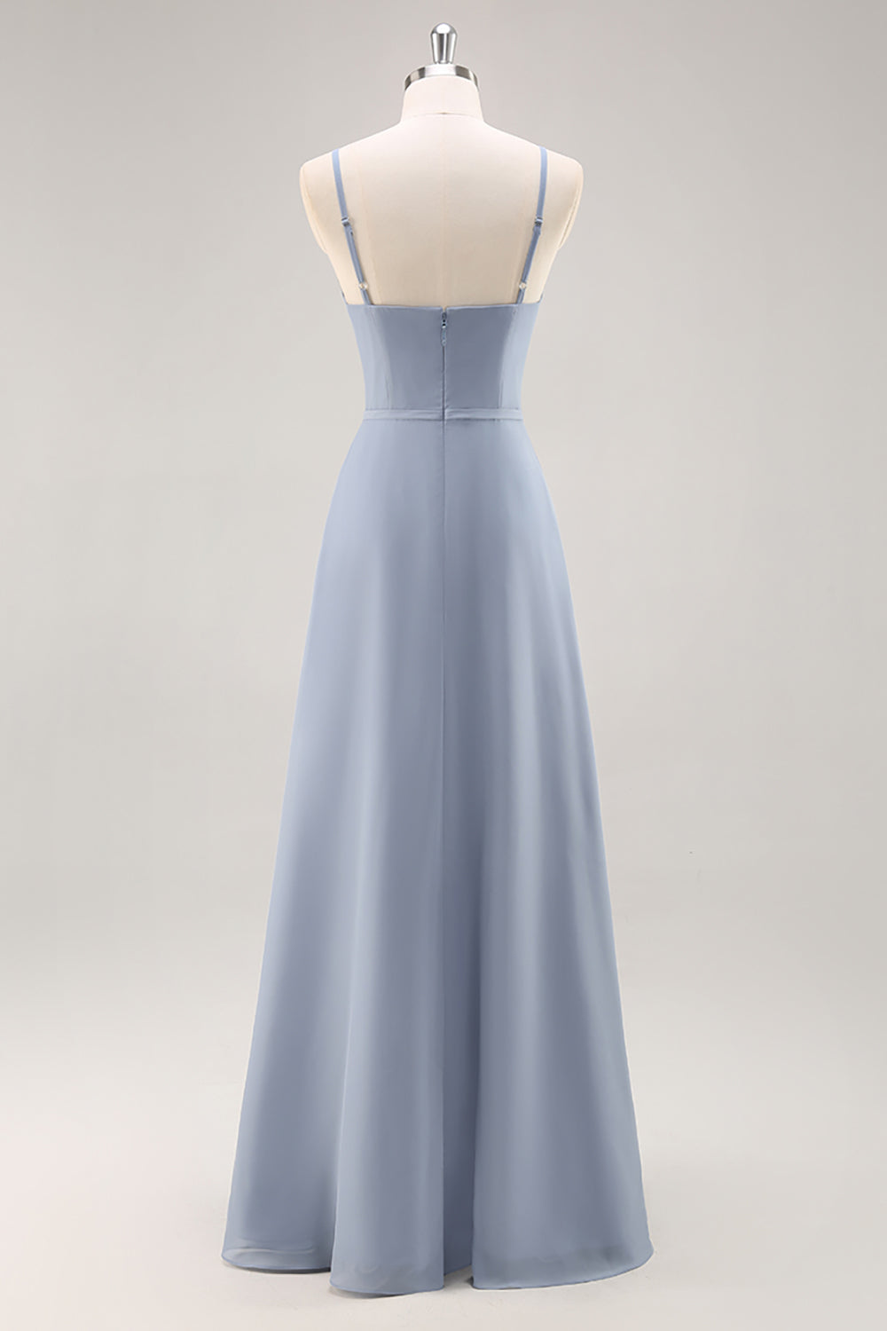 Chiffon A Line Dusty Blue Ruffled Maxi Bridesmaid Dress with Slit