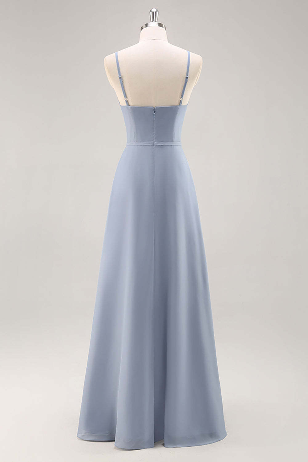 Chiffon A Line Dusty Blue Ruffled Maxi Bridesmaid Dress with Slit