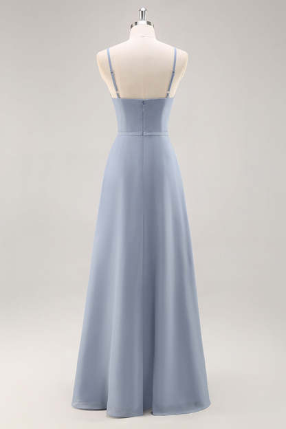 Chiffon A Line Dusty Blue Ruffled Maxi Bridesmaid Dress with Slit