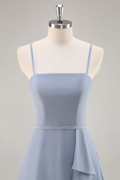 Chiffon A Line Dusty Blue Ruffled Maxi Bridesmaid Dress with Slit
