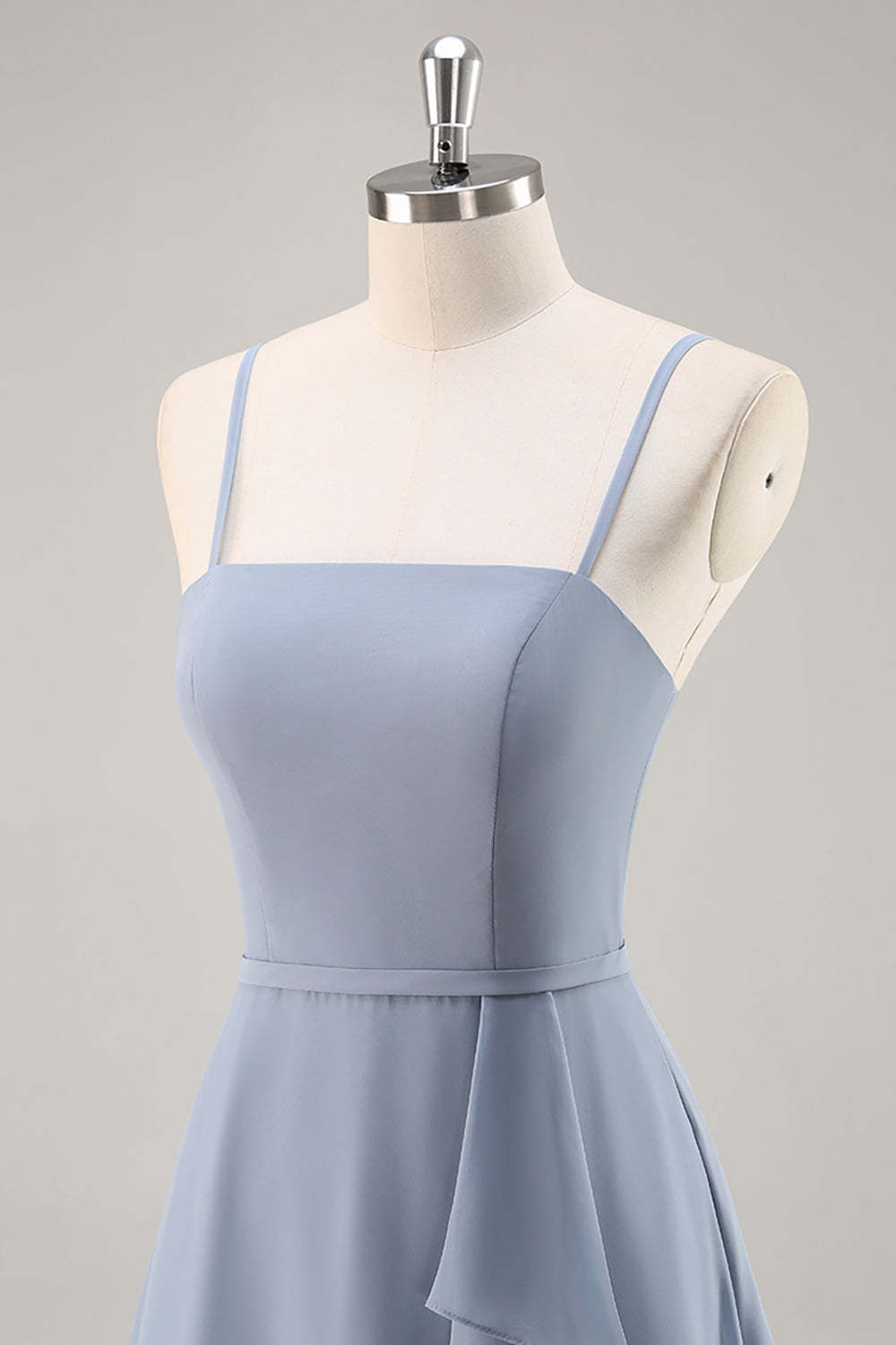 Chiffon A Line Dusty Blue Ruffled Maxi Bridesmaid Dress with Slit