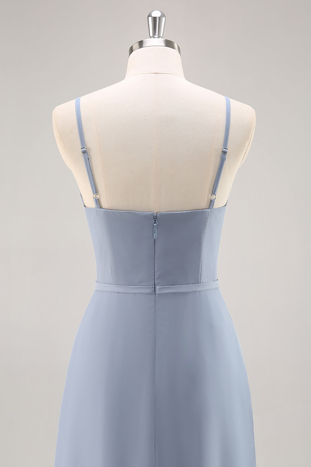Chiffon A Line Dusty Blue Ruffled Maxi Bridesmaid Dress with Slit