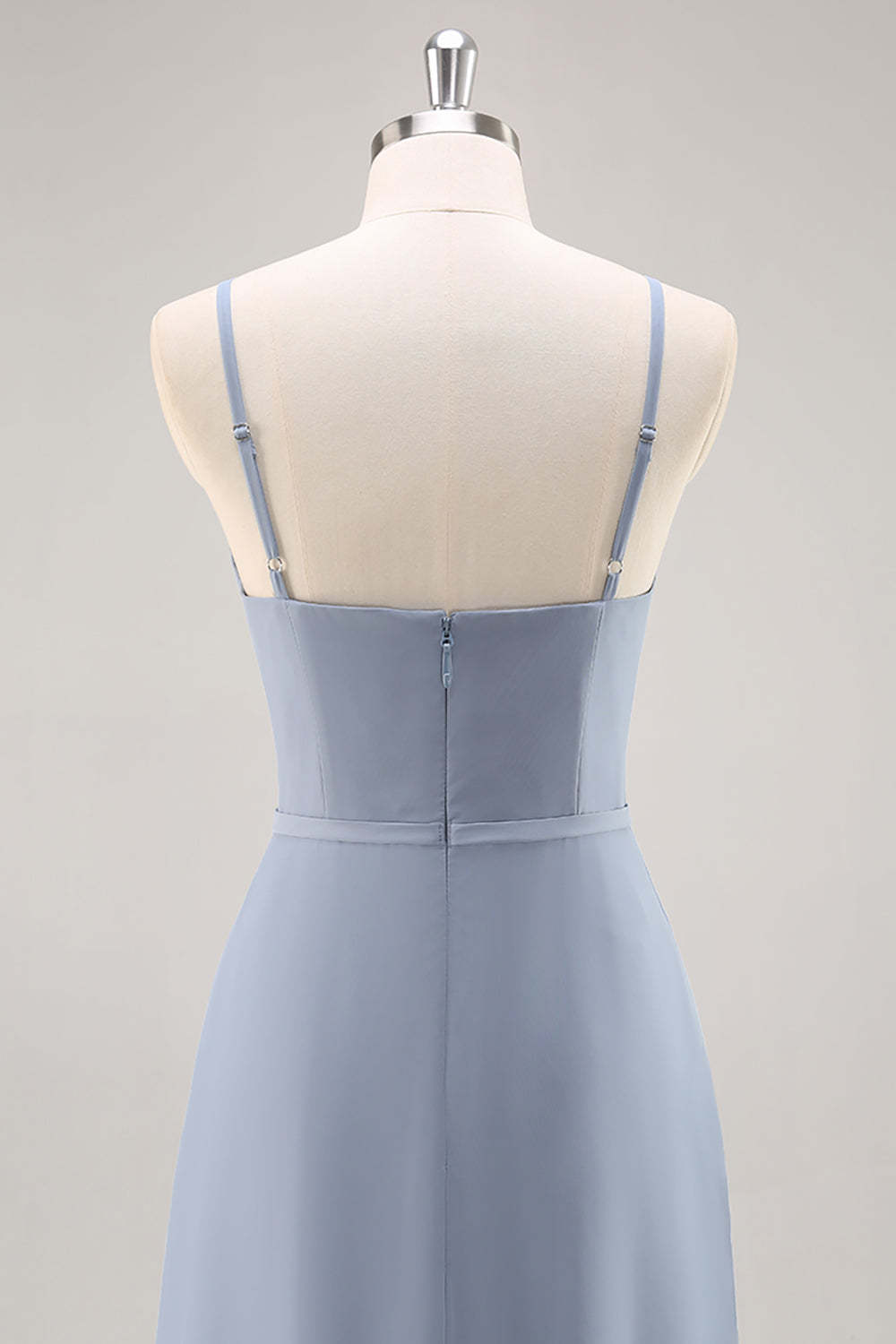 Chiffon A Line Dusty Blue Ruffled Maxi Bridesmaid Dress with Slit
