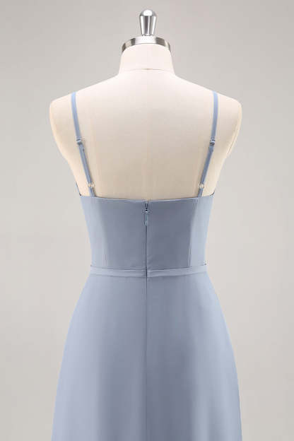 Chiffon A Line Dusty Blue Ruffled Maxi Bridesmaid Dress with Slit