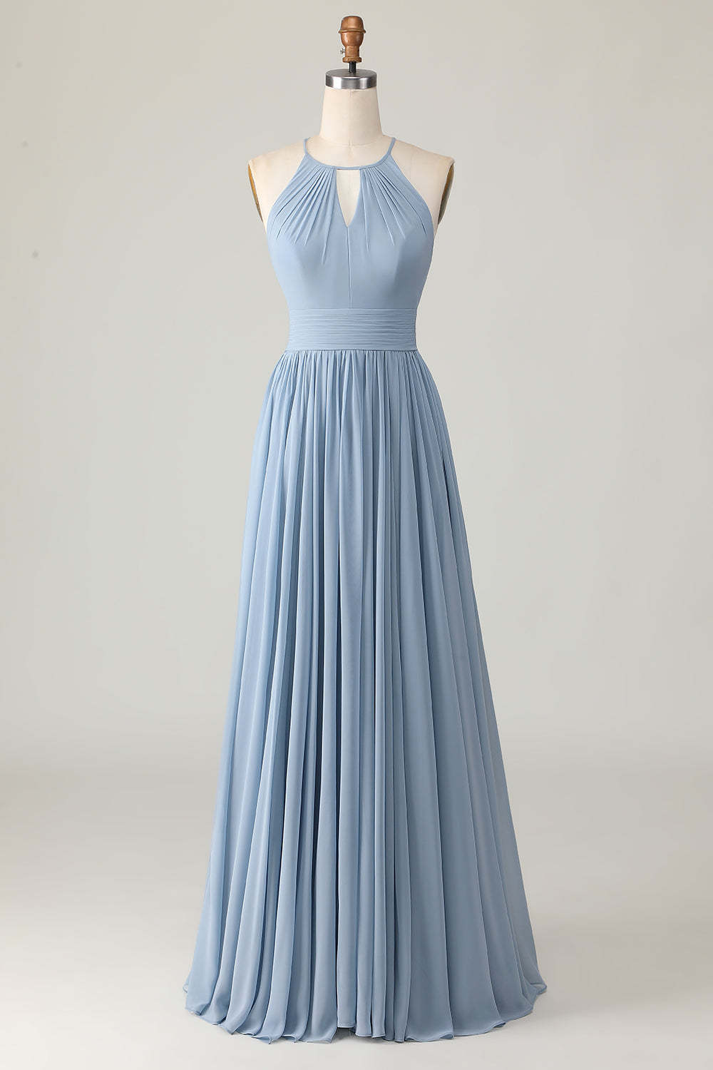 Leely Women Dusty Blue Chiffon Maxi Bridesmaid Dress with Keyholes Ruched Halter A Line Wedding Guest Dress