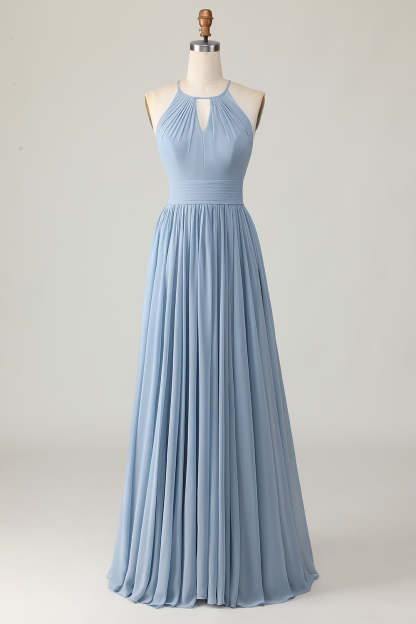Leely Women Dusty Blue Chiffon Maxi Bridesmaid Dress with Keyholes Ruched Halter A Line Wedding Guest Dress
