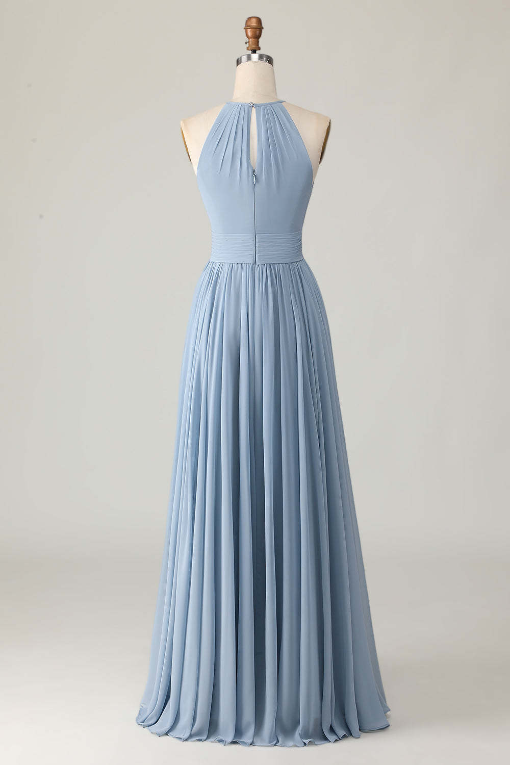 Dusty Blue A Line Chiffon Halter Maxi Bridesmaid Dress with Keyhole