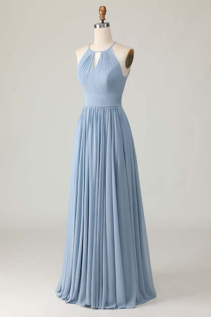 Dusty Blue A Line Chiffon Halter Maxi Bridesmaid Dress with Keyhole