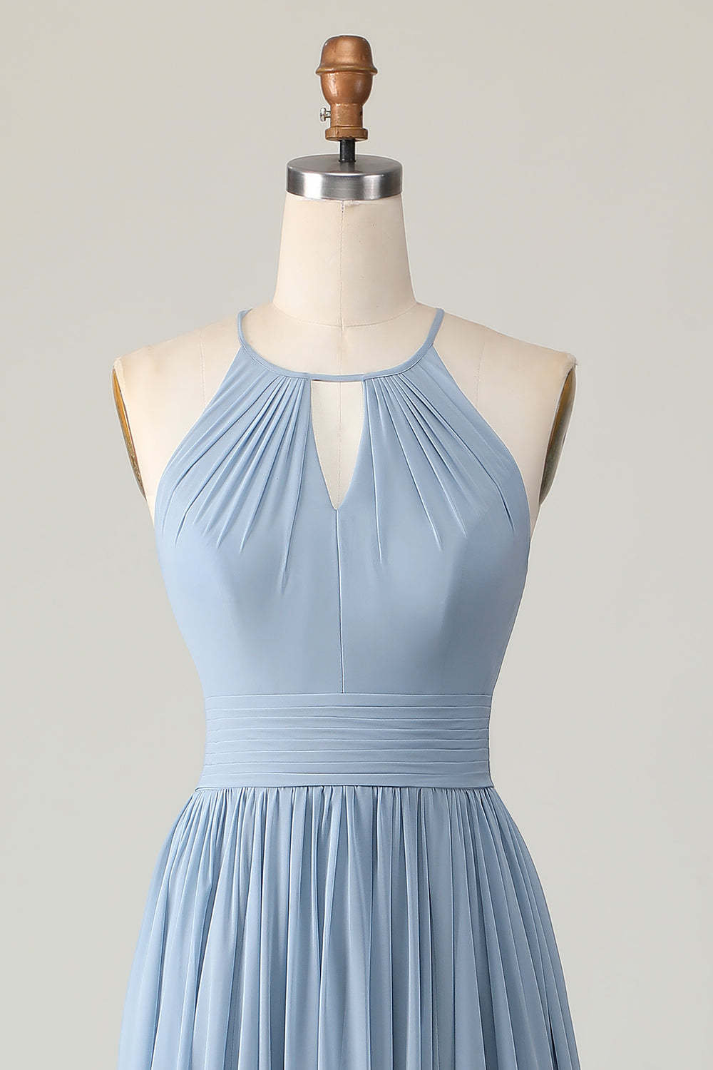 Dusty Blue A Line Chiffon Halter Maxi Bridesmaid Dress with Keyhole