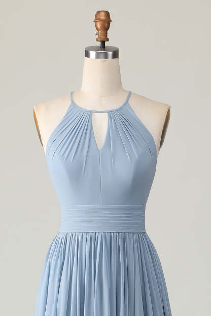 Dusty Blue A Line Chiffon Halter Maxi Bridesmaid Dress with Keyhole