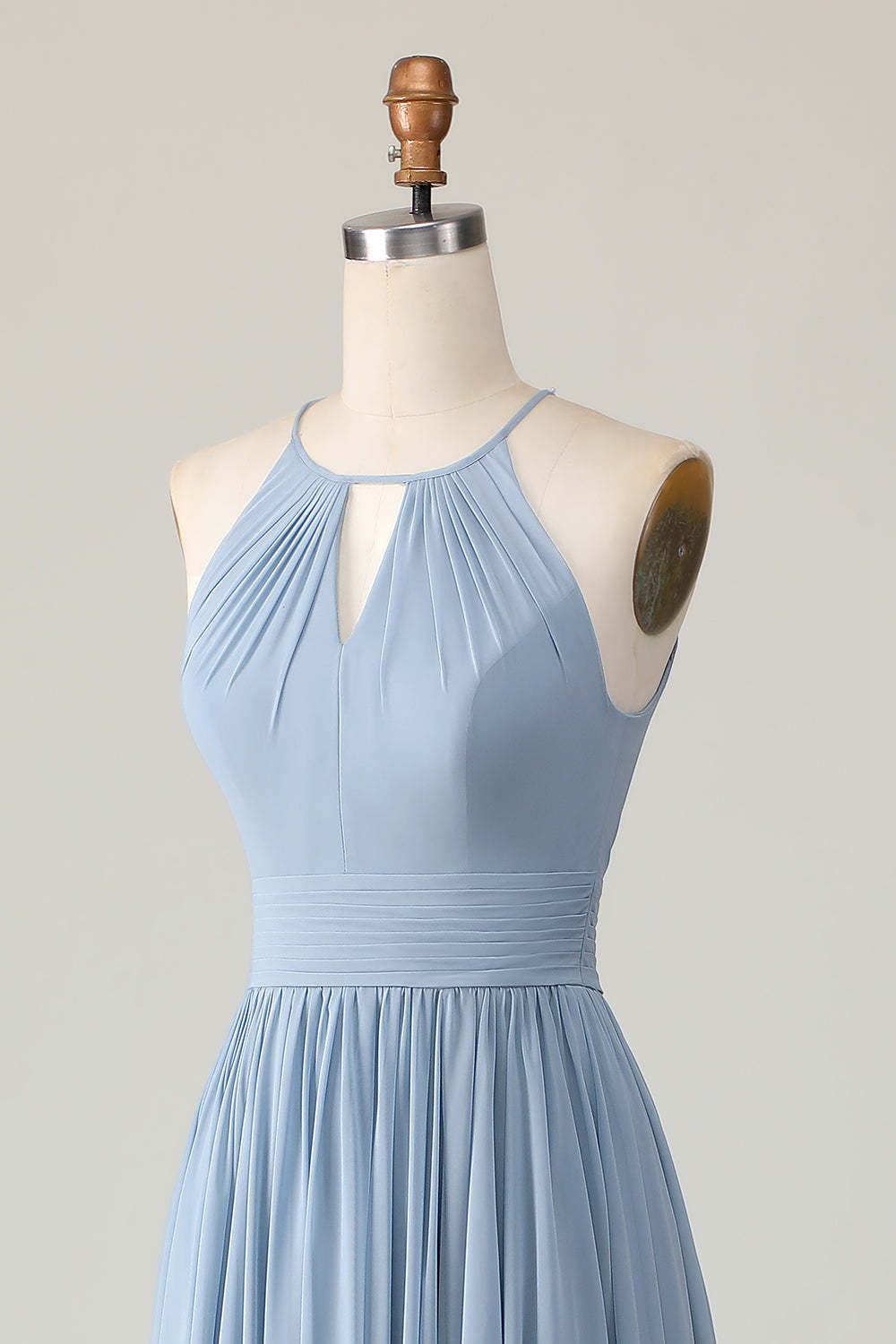 Dusty Blue A Line Chiffon Halter Maxi Bridesmaid Dress with Keyhole