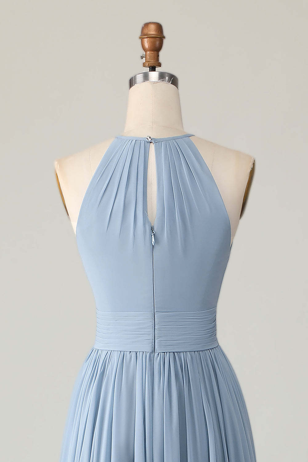 Dusty Blue A Line Chiffon Halter Maxi Bridesmaid Dress with Keyhole