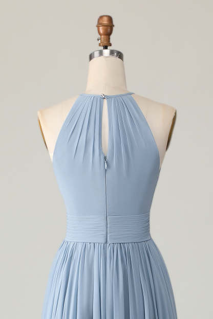 Dusty Blue A Line Chiffon Halter Maxi Bridesmaid Dress with Keyhole