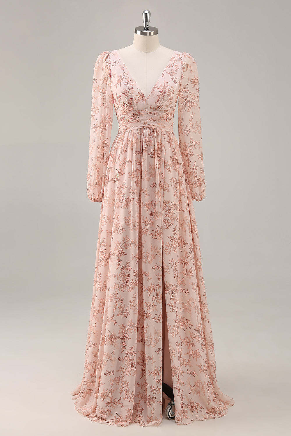 Leely Women Pink Floral Chiffon Bridesmaid Dress with Slit V-Neck Long Sleeves A Line Backless Wedding Guest Dress