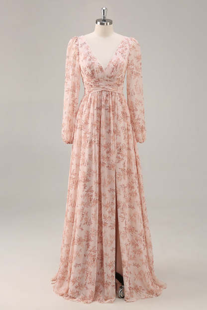 Leely Women Pink Floral Chiffon Bridesmaid Dress with Slit V-Neck Long Sleeves A Line Backless Wedding Guest Dress