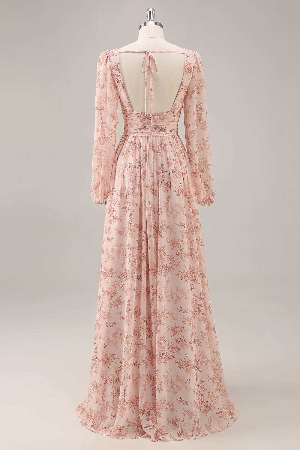 Pink Floral Chiffon V-Neck Maxi A Line Bridesmaid Dress with Slit