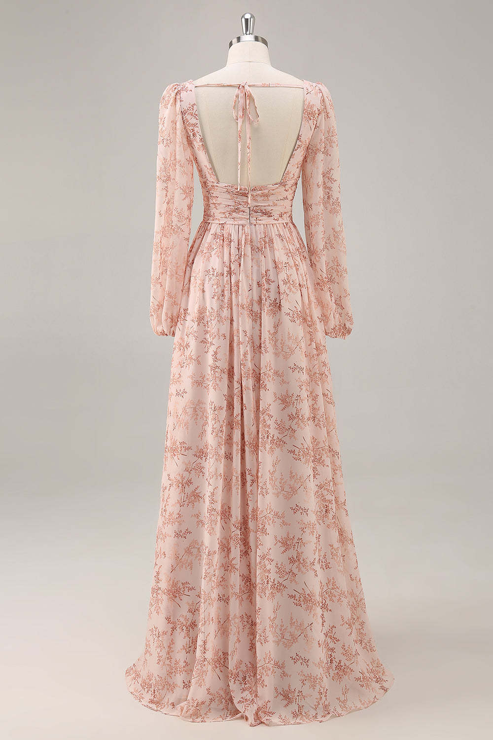 Pink Floral Chiffon V-Neck Maxi A Line Bridesmaid Dress with Slit