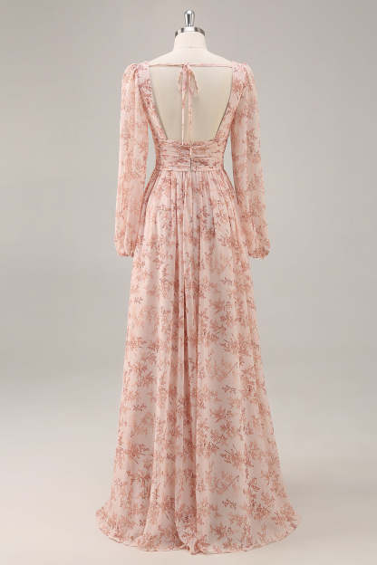 Pink Floral Chiffon V-Neck Maxi A Line Bridesmaid Dress with Slit