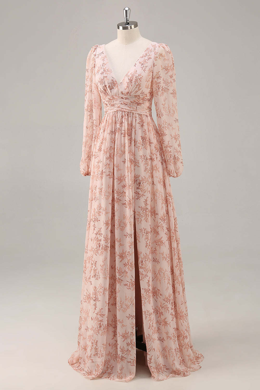 Pink Floral Chiffon V-Neck Maxi A Line Bridesmaid Dress with Slit