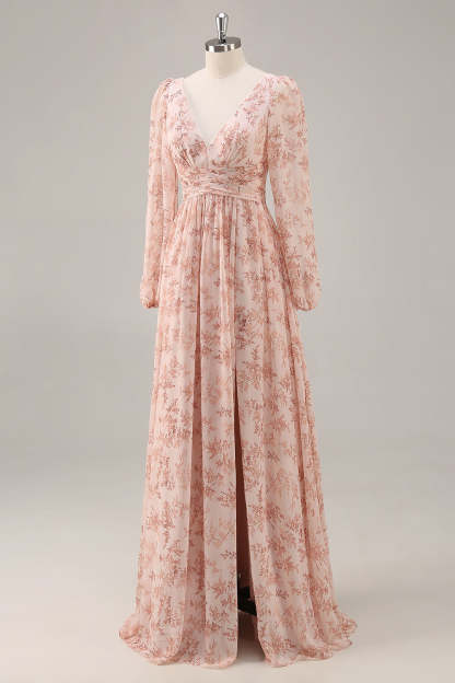 Pink Floral Chiffon V-Neck Maxi A Line Bridesmaid Dress with Slit