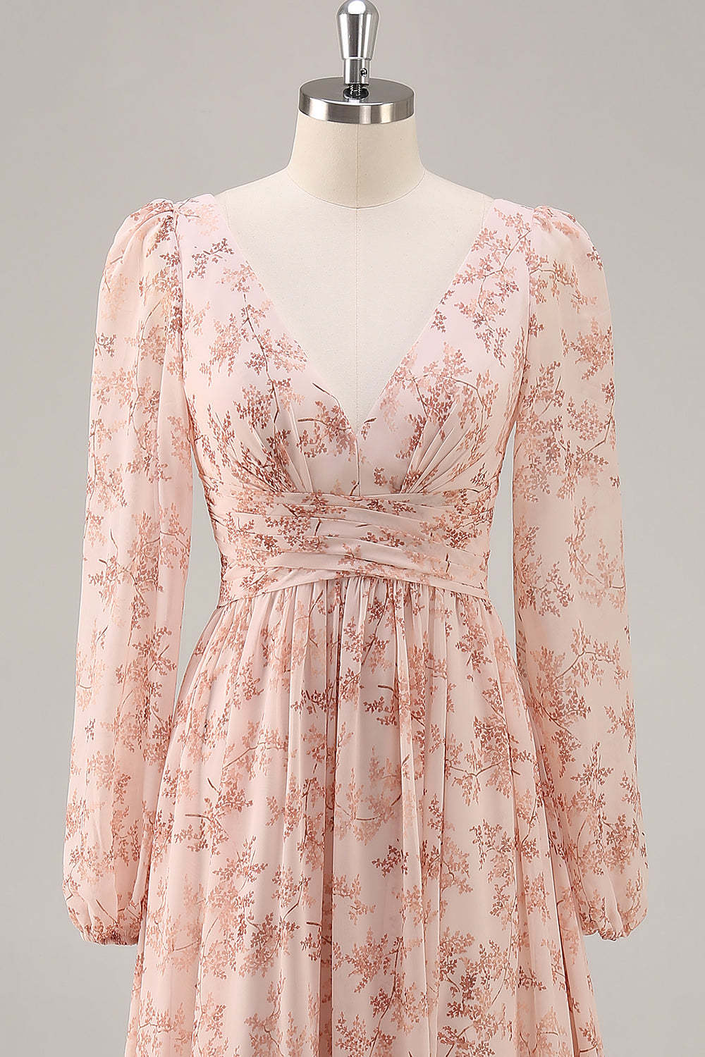 Pink Floral Chiffon V-Neck Maxi A Line Bridesmaid Dress with Slit