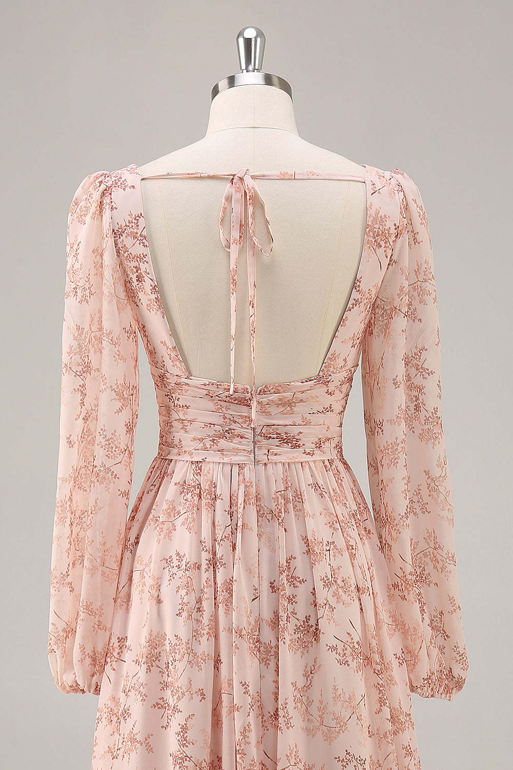 Pink Floral Chiffon V-Neck Maxi A Line Bridesmaid Dress with Slit