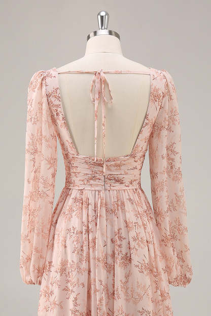 Pink Floral Chiffon V-Neck Maxi A Line Bridesmaid Dress with Slit