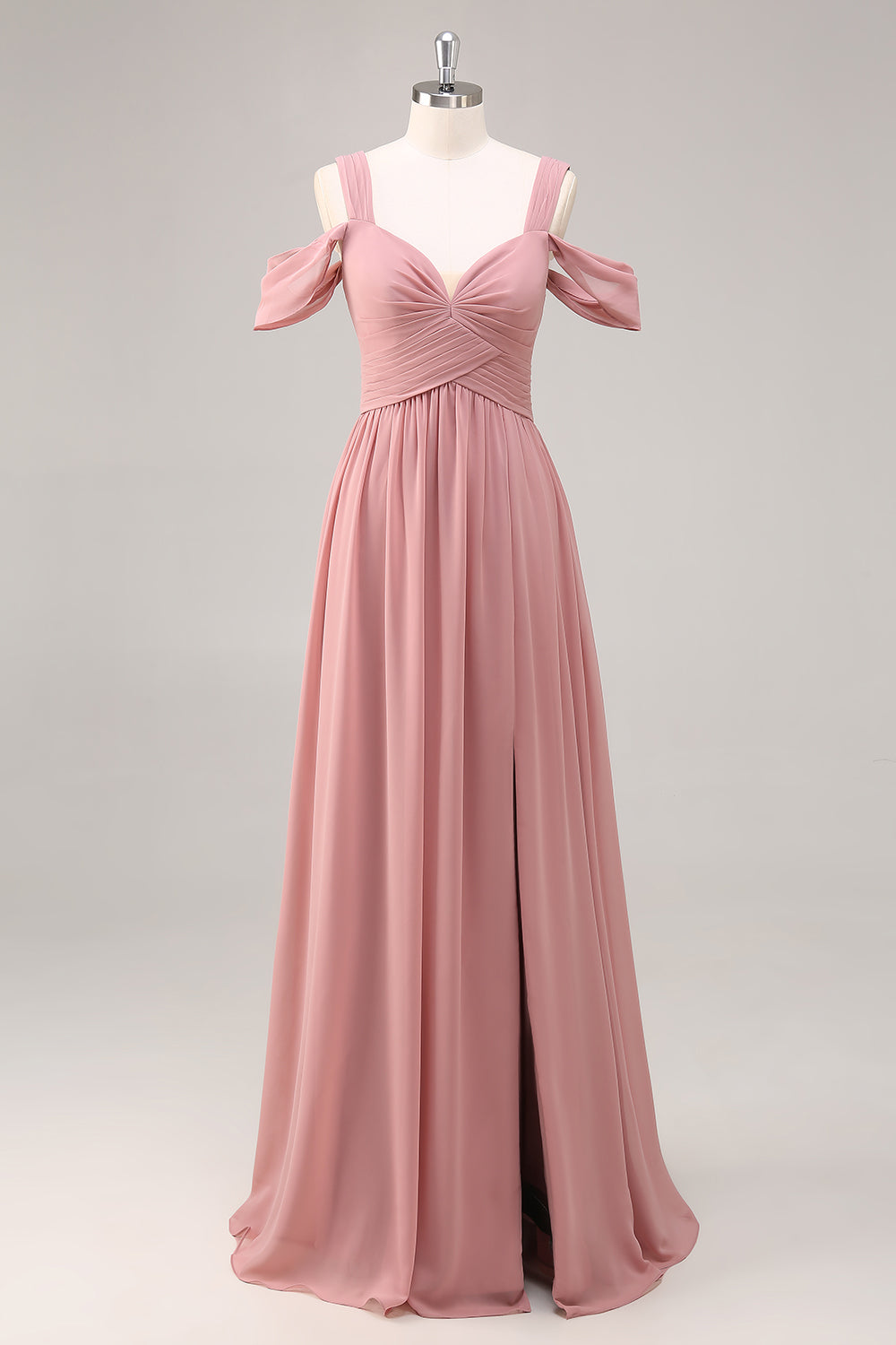 Leely Women Dusty Rose Chiffon Maxi A Line Bridesmaid Dress with Slit Cold Shoulder Ruched Wedding Guest Dress