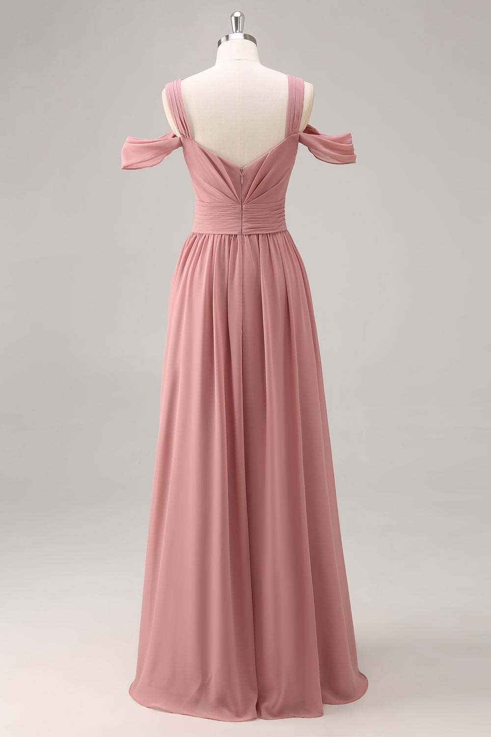 Maxi Dusty Rose Cold Shoulder Chiffon Bridesmaid Dress with Slit