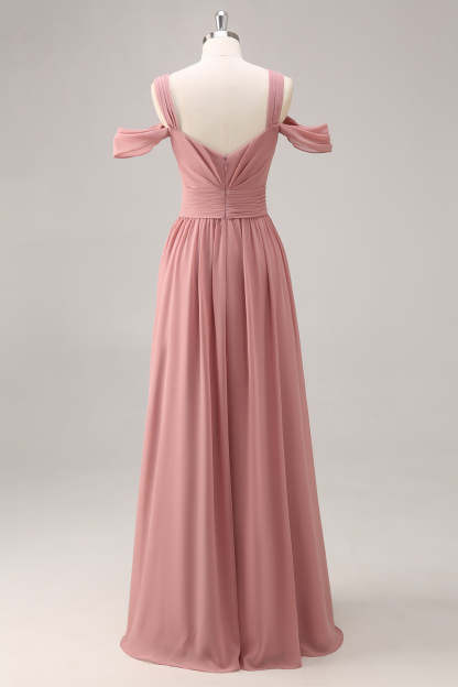 Maxi Dusty Rose Cold Shoulder Chiffon Bridesmaid Dress with Slit