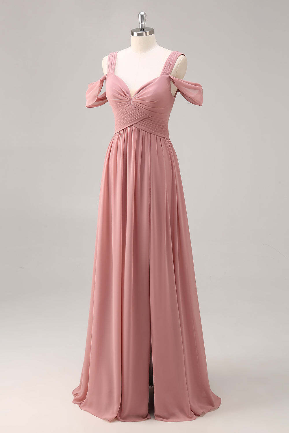 Maxi Dusty Rose Cold Shoulder Chiffon Bridesmaid Dress with Slit