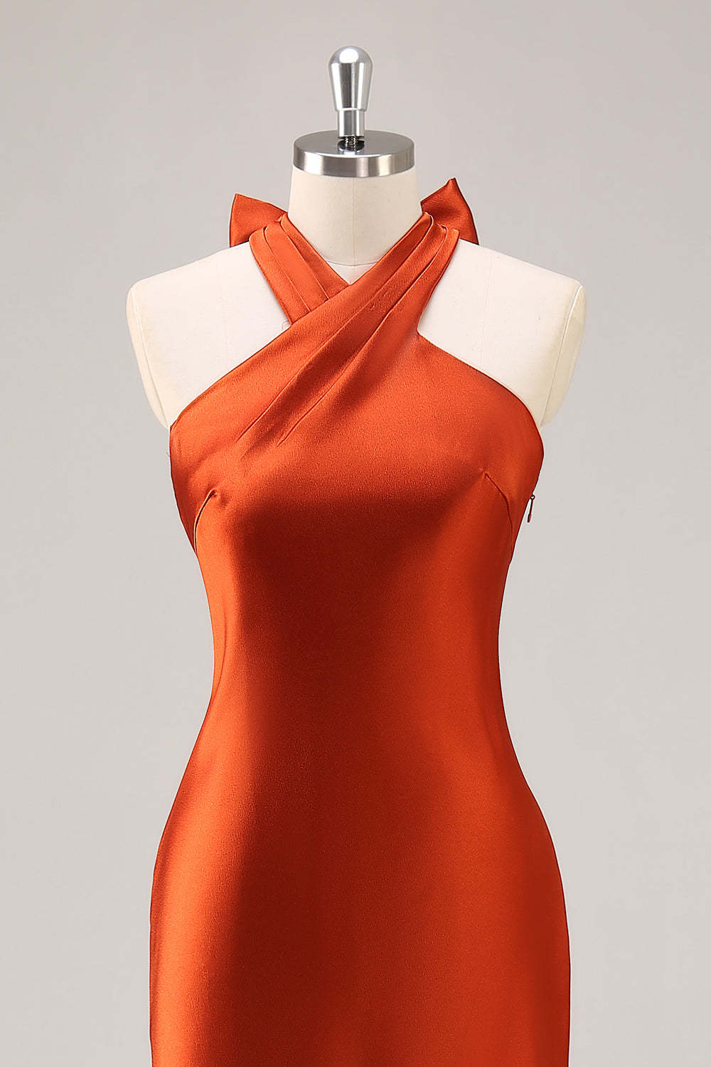 Mermaid Rust Halter Satin Maxi Bridesmaid Dress with Bow