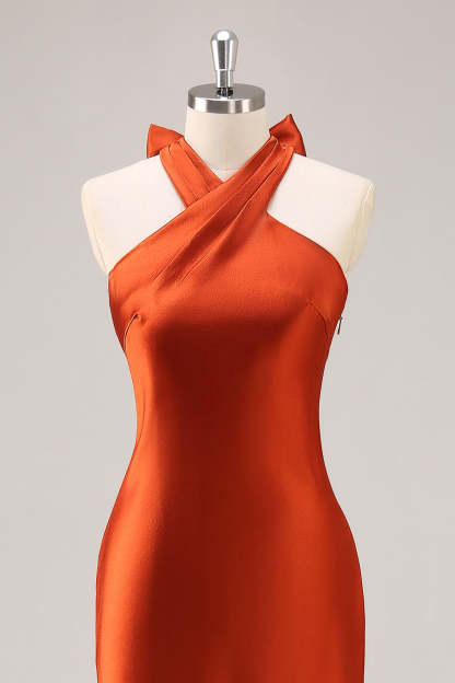 Mermaid Rust Halter Satin Maxi Bridesmaid Dress with Bow