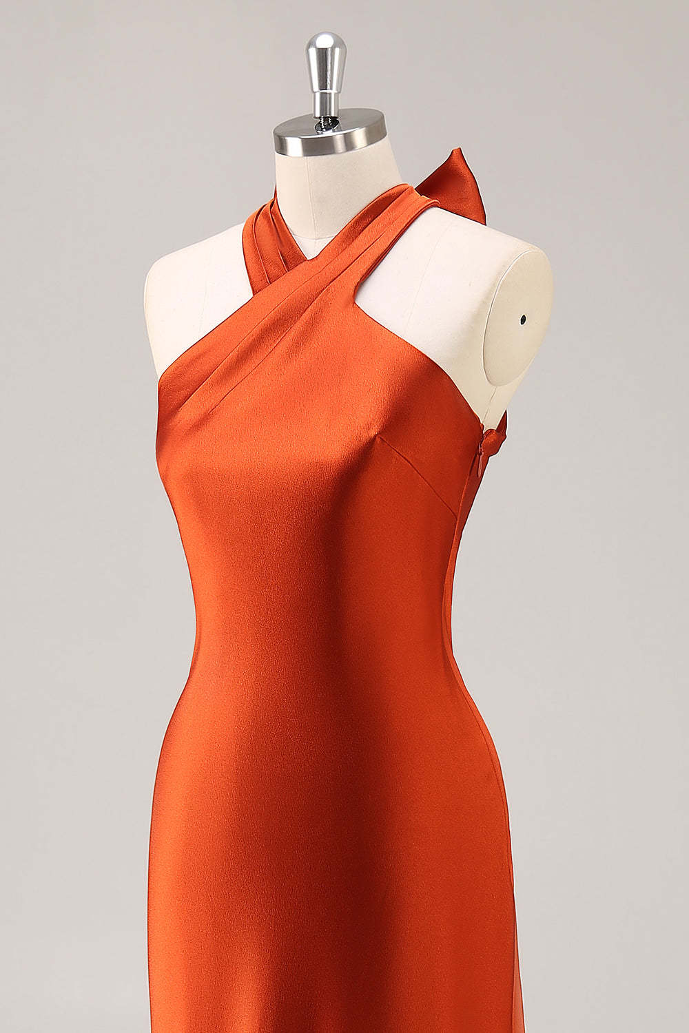 Mermaid Rust Halter Satin Maxi Bridesmaid Dress with Bow