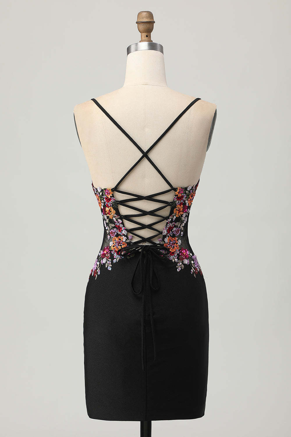 Floral Black Bodycon Spaghetti Straps Short Corset Homecoming Dress with Sequins