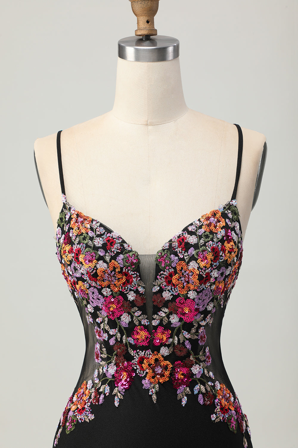 Floral Black Bodycon Spaghetti Straps Short Corset Homecoming Dress with Sequins